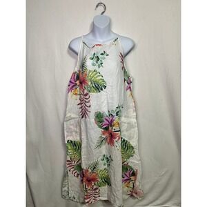 Lungo L'Arno Italy 100% Linen Tropical Floral Midi Dress White Pink Green Large